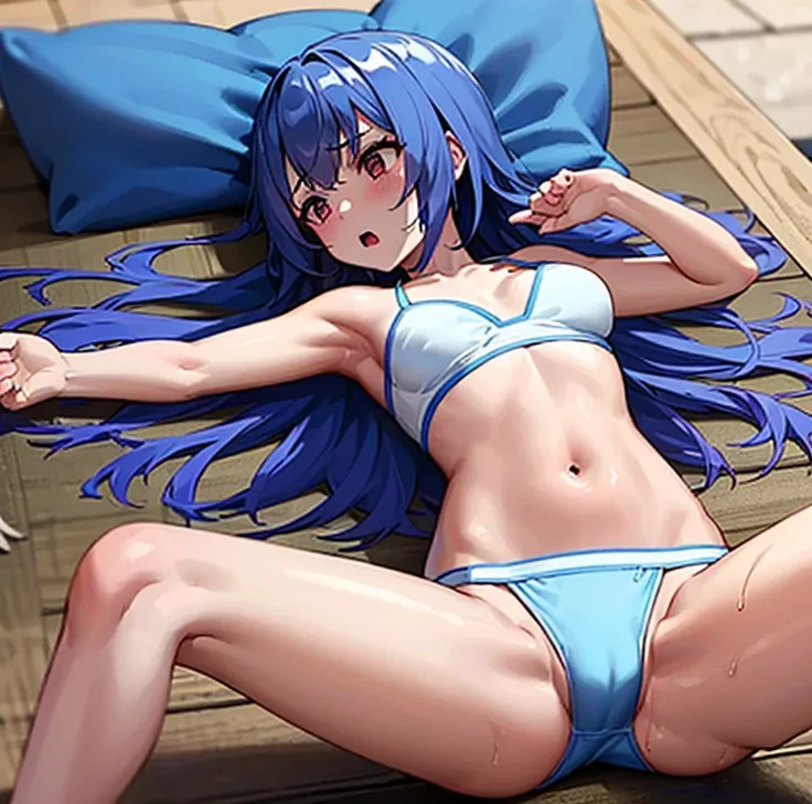 (masterpiece, best quality）a girl，（（spread legs)）），blush，（Completely pure white bikini），Sweated a lot，Bikini half-covered，small breasts，Lying on a pure white bed，detail，（Completely soaked，completely wet），Awkward，surprise，Extreme shyness，doubt