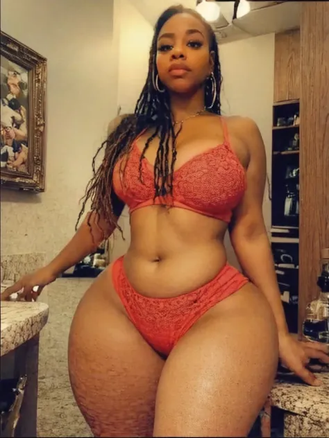 Analog image, neutral density,Highly detailed image ,thick voluptuous Dominican woman, viewed from below, with micro dreadlocks, highly detailed skin,even skin tone, skin imperfections, skin pores visible,wearing a tight red leggings and sports bra ,in a d...