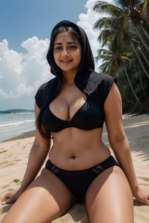 Anushka Shetty, curvy, British, 20s, catholic nun, black panties, tender cleavage 5%, wide hip, at beach, happy, laying at beach on her back, front view, happy, smile