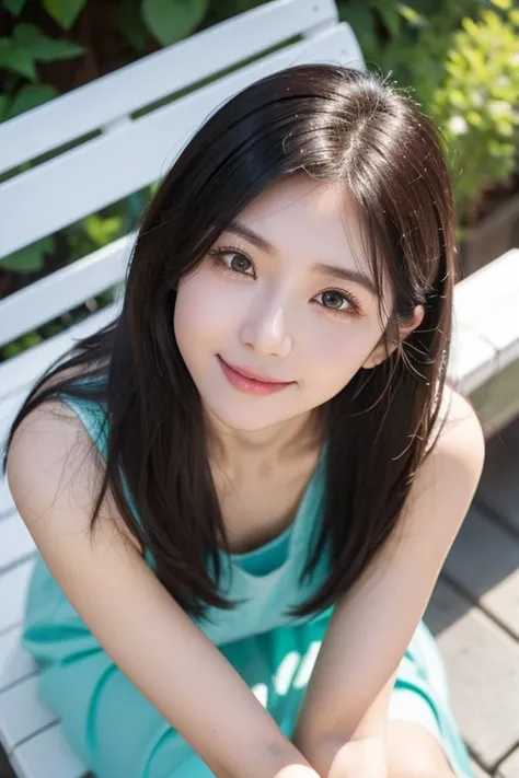 Ulsan-6500-V1.1、Extremely detailed、High definition、Raw color photo、wide shot、1 young woman、Kpop Girl、high detail skin、soft light from above、vivid colors、shiny white skin、wonderful face and eyes、Light makeup、Smile、thin lace long dress、long legs、flower garde...