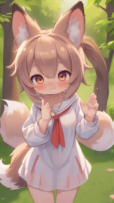 Kemonomimi、Chibikyara、Fox、white、girl、tail waving happily、girl with ears erect、pretty girl、Moist eyes that look wet、Smile with mouth wide open