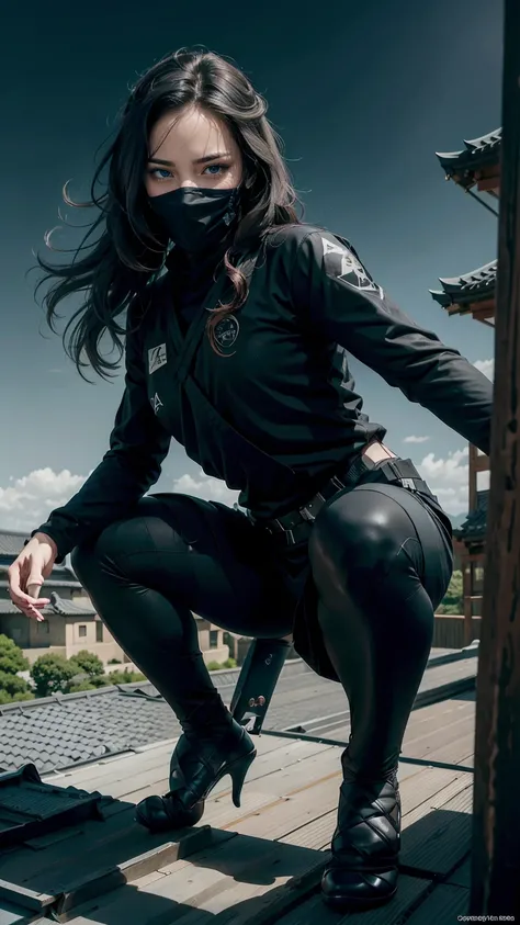 22 year old woman、Hair color is black、blue eyes、long hair、The ends of the hair are wavy、Covering his face with cloth like a ninja、Wearing an all-black ninja suit、Slender but muscular body、I&#39;m on the roof of a Japanese castle、crouching like a ninja