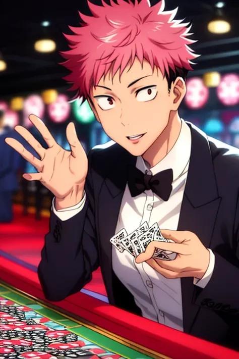 muste piece, best quality, high quality, short hair of pink color、1 boy, solo, male focus, smile,Looking at Viewer, upper body whole body, Fushiguro_Megumi,eyes are black、smile、One Boy, (((Black tuxedo,Sexy black suit,Please give me a playing card,high cla...