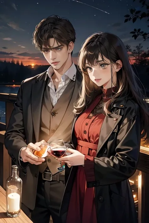 Couple, 1 girl 1 boy, different hair color, long black hair bang and grey eyes, medium brown hair and amber eyes, with slight beard, romance, outdoor, in the night, glowing effect, boy holds bottle while pouring red wine in glass near girl