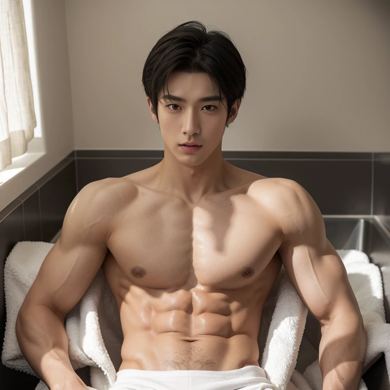 Sin Pantalon, 16 year old male abdominal muscles, black hair,medium-length，Wear only a bath towel，There are generals on the abdominal muscles of the body，Face perspective, huge genitals exposed, perfect facial symmetry, Perfect nose,, Almond eyes and Korea...