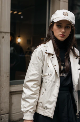 a young woman in a white jacket can be seen holding a white leather purse, in the style of dark orange and dark beige, industrial elegance, ornate detailing, tami bone, handcrafted beauty, schoolgirl lifestyle, rollei prego 90 --ar 73:112 --stylize 750 --v...