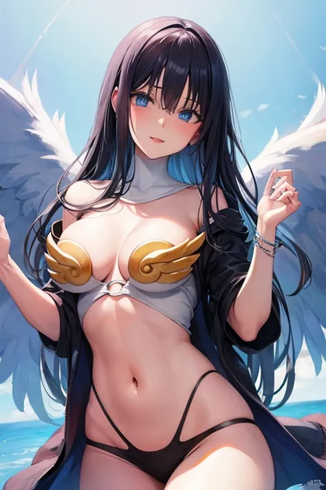 Black hair, blue eyes, large breast, sexy, beautiful body, bed, Masterpiece, angel, white wings, smile