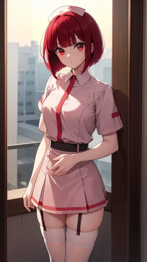 Arima maybe, Arima maybe, bob cut, (red eyes:1.5), redhead, short hair, , nurse cosplay，nurse，hair in the wind，garter belt、thighs，knee high socks，sexy，skirt，
break looking at viewer,
break indoors, hospital,
break (masterpiece:1.2), highest quality, High r...