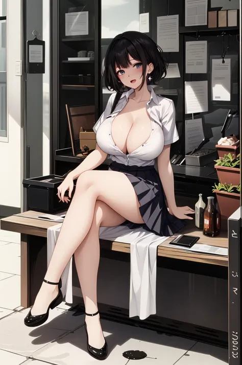 (Beautiful,Huge_Breasts:1.3), An enchanting visual unfolds, a sexy cartoon girl with very large breasts in a female outfit and school girl skirt, 1girl, breasts, bra, skirt, solo, shirt, between breasts, bangs, cleavage, pleated skirt, blunt bangs, earring...