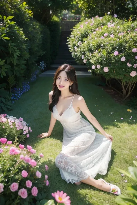 Ulsan-6500-V1.1、Extremely detailed、High definition、Raw color photo、wide shot、1 young woman、Kpop Girl、high detail skin、soft light from above、vivid colors、shiny white skin、wonderful face and eyes、Light makeup、Smile、thin lace long dress、long legs、flower garde...