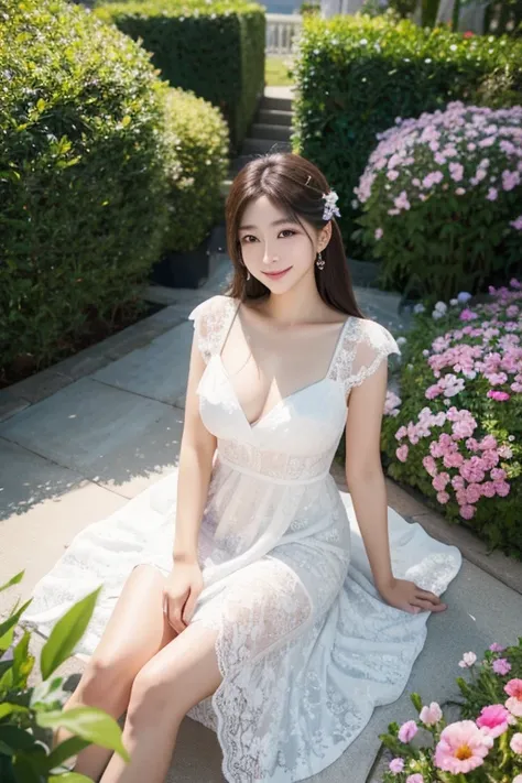 Ulsan-6500-V1.1、Extremely detailed、High definition、Raw color photo、wide shot、1 young woman、Kpop Girl、high detail skin、soft light from above、vivid colors、shiny white skin、wonderful face and eyes、Light makeup、Smile、A long lace dress that looks like a feather...