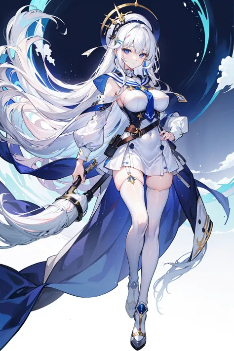 (masterpiece), best quality, perfect face, 1girl, solo, medium height, young adult, young woman, big boobs, (long hair, white hair, bangs), (blue eyes, leadership aura), heels, white cape, accessories, white sailor uniform, tie, belt on waist