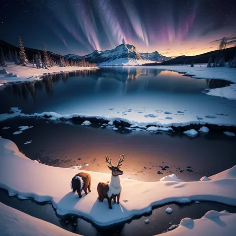 Frozen lake in Lapland at night in the middle of winter, snow-capped mountains and frozen trees in the background。Splendid Northern Lights and starry sky。A fantastic landscape with the breathtaking Northern Lights reflecting on the surface of the frozen la...