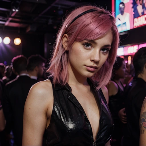 "Generate a beautiful girl with pink hair, approximately 21 years old, at a nightclub."