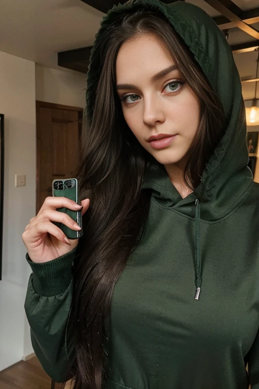 Brunette long hair, black long hair, emerald green eyes, big green eyes, cute nose, sexy lips, perfect face shape, 25 years old model, hood type outfit outfit, selfie perspective perfect camera phone