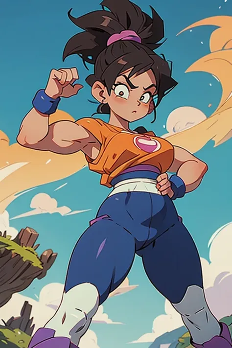 mulher bonita e forte estilo dragon ball exibindo os musculos extremamente definidos malhando