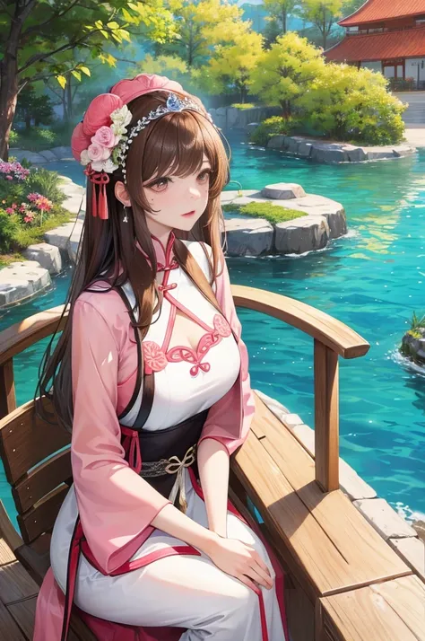 masterpiece, best quality, seaside, banquet, 1 female, mature woman, elegant, Chinese style, China, elder sister, Royal elder sister, happy, meatball head, light brown hair, pink eyes, Gorgeous headdress, Light pink lips, pink clothes, yarn clothing, intel...