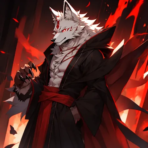 white wolf，There is a trace of red on the forehead，Red eyes，Black robe with chest exposed，Claws exposed，