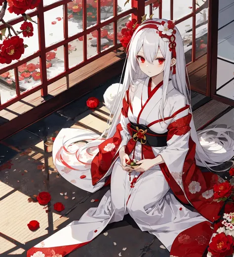 Japanese camellia, red camelia, white hair, red eyes, blood, Traditional Japanese headband, 