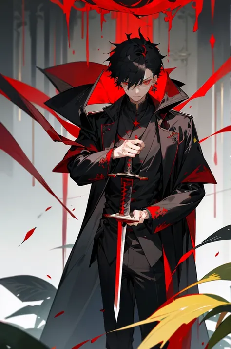 (masterpiece, best quality), black short hair, plant, looking at viewer, red eyes, Sharp eyes, red sword, black coat, long sleeves, indoors, solo focus, standing, 1man, 25 years old, jewelry, earrings, open clothes