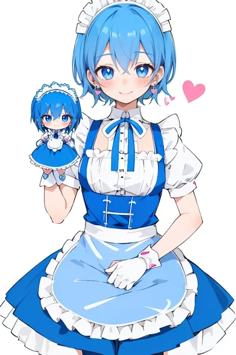 cute anime blue haired girl with pink doll and blue ribbon, maid, blue eyes, blue hair, maid headdress, apron, gloves, short hai...