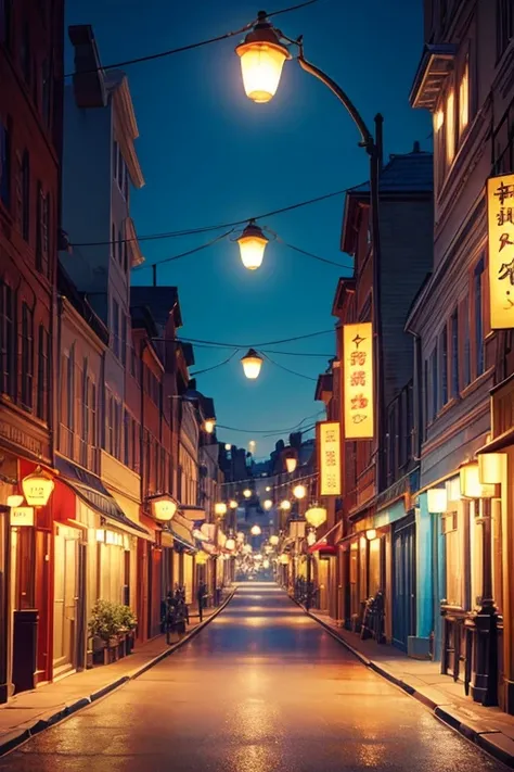 There is a street lamp lit under the blue sky, A gas lamp, lamplight, lantern light besides, lantern, Global illumination. vfx, cartoony lighting, dim lantern, Lantern light, lamp lights, gas lamp, shining lamps, Global illumination illumination, gas lamp,...