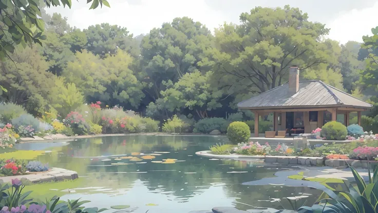 a car parked beside a lake garden, serene, peaceful, detailed, soft tones, dreamy