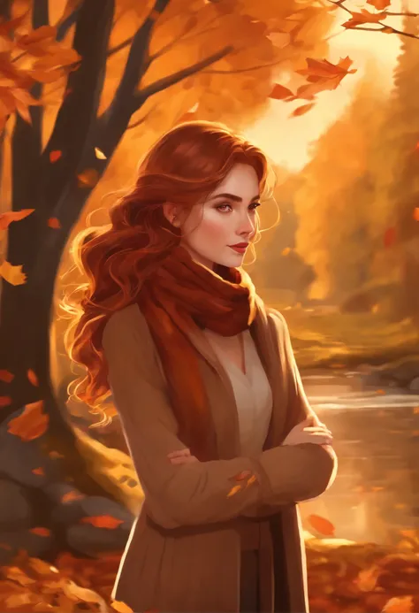 1girl, vibrant autumn leaves swirling, auburn hair, golden eyes reflecting sunset hues, cozy woolen scarf, warm earthy tones, nestled by a forest edge, gentle breeze, masterpiece, best quality,, official art, Professional, unity 8k wallpaper