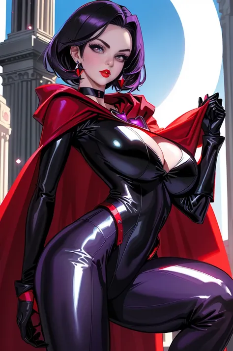 ((squatting))((Raven from D.C. comic series))  ((beautiful face))((very pale skin)) (red lips) ((big bright eyes)) ((short black hairstyle)) ((very huge breasts)) (perfect slim body) ((wears purple bodySuit, cape and hood)) ((choker, gloves, long stocking)...