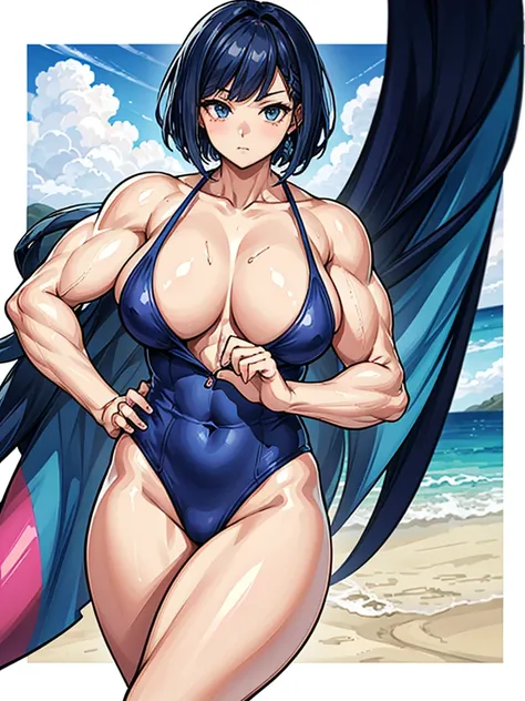 （（（masterpiece、Highest image quality、highest quality、highly detailed unity 8ｋwallpaper）））、（（Illustration of one girl））、（（（beautiful girl）））、（（blue hair、pixie cut：1.2、sidelocks））、（（（tall、stocky build, thickset physique：1.3, muscular legs, broad shoulders, s...