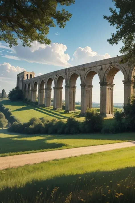 In a fields of wheat stands a roman aqueduct. BREAK Behind it, a green forest stretches out and beyond that, roman city rise in the distance. Dark clouds BREAK The most suitable effect for this scene would be a watercolor painting technique to capture the ...