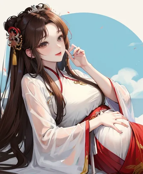 masterpiece, best quality， aldult, Chinese style,pregnancy ，China, elder sister,  Smile, brown hair, princess cut, Full of motherhood，Hanfu，Pure affection，blush，Dignified yet lively，Mother，Place your hands on your stomach，Full of motherhood，Sexy，charming，G...