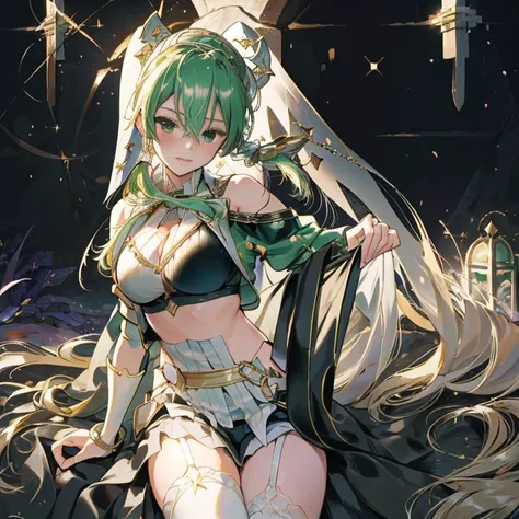 (Very good image quality), ((1 europian girl)), (in the center:1.4), cute girl, 16 years old,  Emerald green hair, long twin tails hair, back braid, low braid, bangs covering one eye, white veil, beret, silver tiara, brown eyes,(medium breasts:1.3), black ...