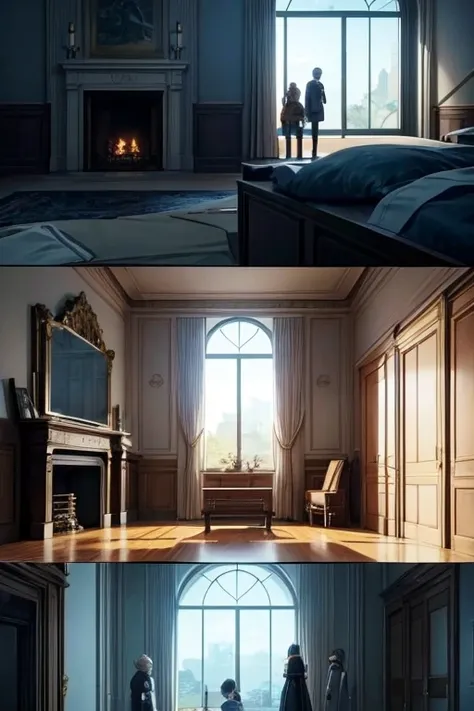 There were two people standing in a room with a fireplace, cutscene footage, screenshot from the anime film, cinematics, In animated films《Ergo Agent》Curly, anime movie screenshot, opening scene, last exile anime, dead bodies in the background, in the anim...