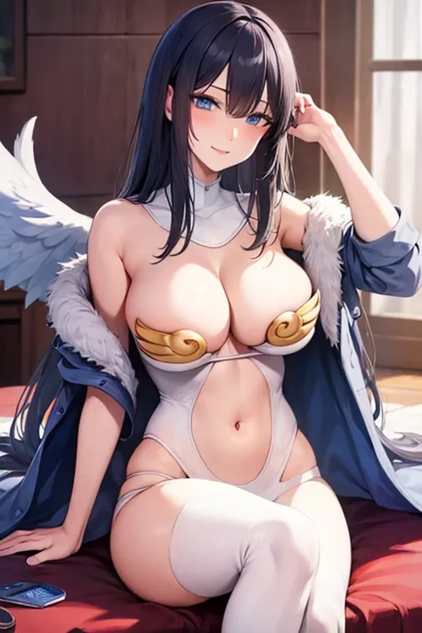 Black hair, blue eyes, large breast, sexy, beautiful body, bed, Masterpiece, angel, white wings, smile