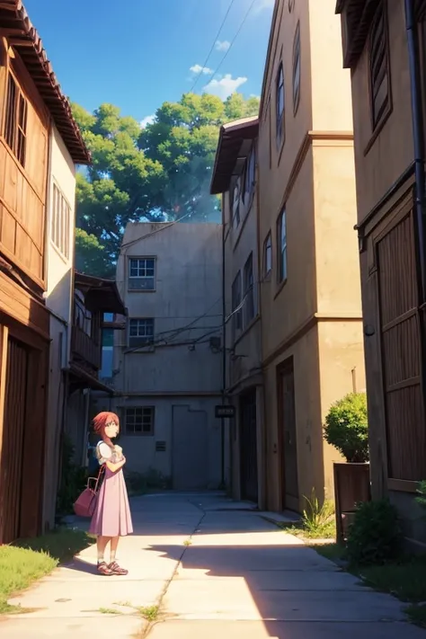 Anime scene of a group of people standing in front of a building, style of madhouse anime, style of madhouse studio anime, screenshot from the anime film, explorers of the ruins at dusk, ghibli moebius, studio ghibli anime screenshot, style in ghibli anime...