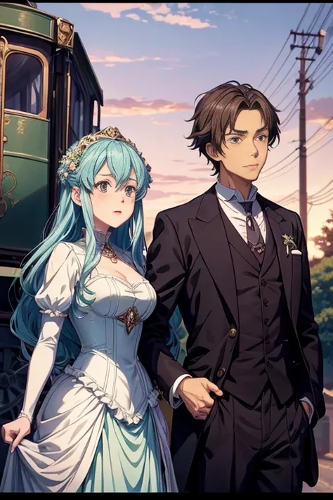 Anime scene of a man in a suit and a woman in a dress standing next to a carriage, in the anime film, screenshot from the anime film, style in ghibli anime, studio ghibli anime screenshot, both wearing victorian clothes, still from tv anime, anime movie sc...