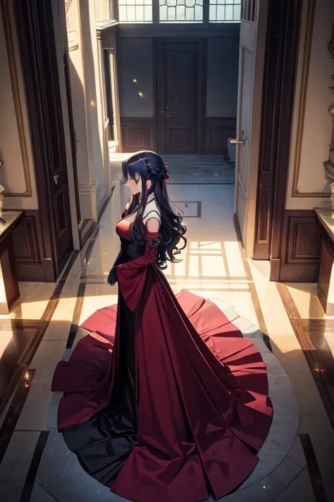 Anime scene of a woman in a long dress standing in the hall, in their noble mansion, In animated films《Ergo Agent》Curly, in the anime series ergo proxy, in a throne room, anime scene, Todays featured anime stills, screenshot from the anime film, in the ani...