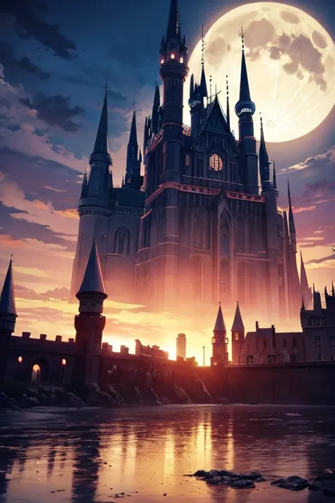 Night scene of a creepy castle，There is a full moon in the sky, style of madhouse anime, style of madhouse studio anime, screenshot from a 2012s anime, Anime background art, anime scene, anime backgrounds, shadowy castle background, Todays featured anime s...