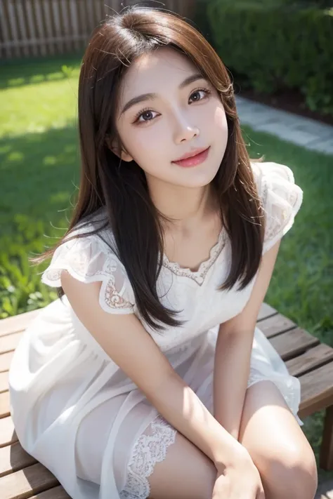 Ulsan-6500-V1.1、Extremely detailed、High definition、Raw color photo、wide shot、1 young woman、Kpop Girl、high detail skin、soft light from above、vivid colors、shiny white skin、wonderful face and eyes、Light makeup、Smile、A luxurious dress like a feather、Soft lace ...