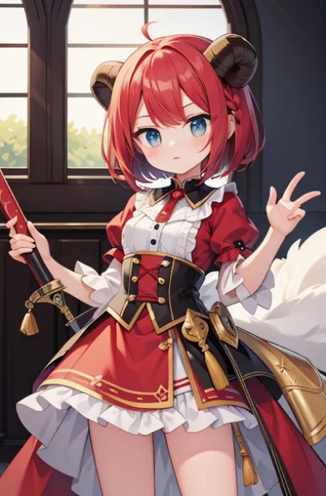 highest quality,8K,Super detailed,age 8, slim, normal breasts, braided bangs, bob cut, red hair, dress, standing,2 horns on head,Holding a sword in his right hand,has a scale in his left hand