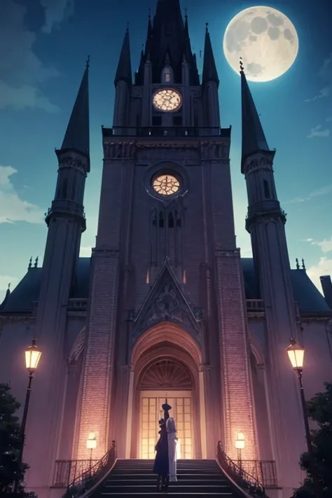 Night scene of a large building with a bell tower and a full moon, style of madhouse anime, style of madhouse studio anime, Todays featured anime stills, anime scene, anime movie screenshot, haunted gothic hotel, screenshot from a 2012s anime, Anime screen...