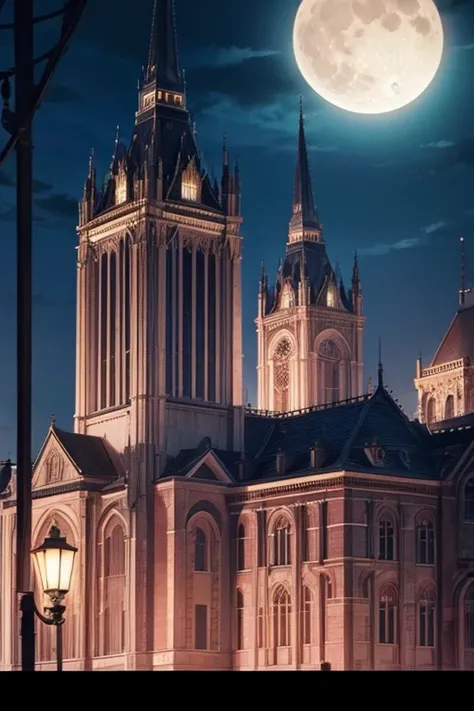 Night scene of a large building with a bell tower and a full moon, style of madhouse anime, style of madhouse studio anime, Todays featured anime stills, anime scene, anime movie screenshot, haunted gothic hotel, screenshot from a 2012s anime, Anime screen...