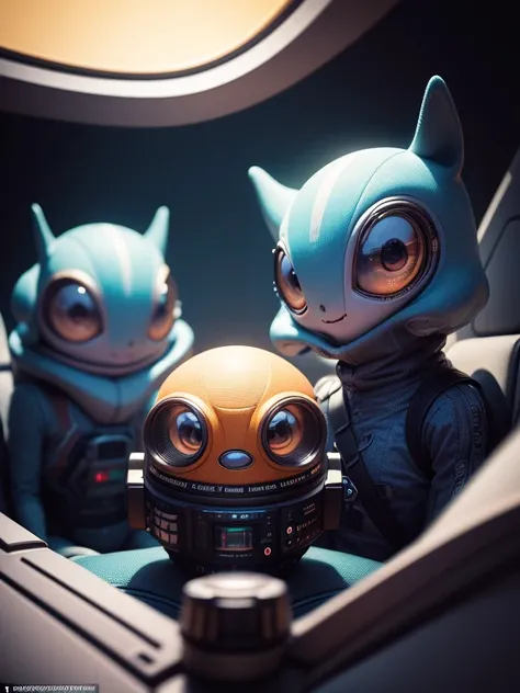 Hyperdetailed, photorealistic of 3 funny, wacky and looney aliens in a spaceship, facing the camera. long straight on shot, taken by a professional photographer with a Canon EOS 5D Mark IV and a Canon EF 85mm f/1.2L II USM lens, Cinematic Realism