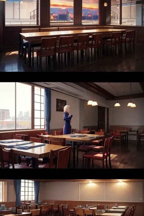 Anime scene of a restaurant with tables and chairs, screenshot from the anime film, anime movie screenshot, Todays featured anime stills, in the anime film, screenshot from a 2012s anime, Dinner scene, still from tv anime, robed figures sat around a table,...