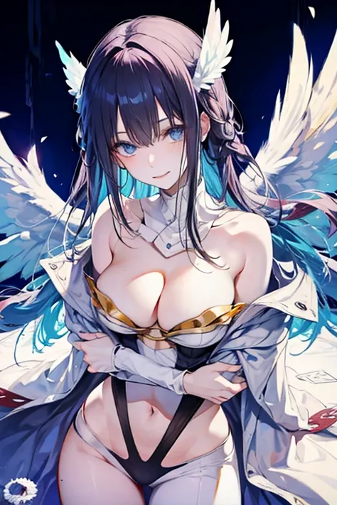 Black hair, blue eyes, large breast, sexy, beautiful body, bed, Masterpiece, angel, white wings, smile