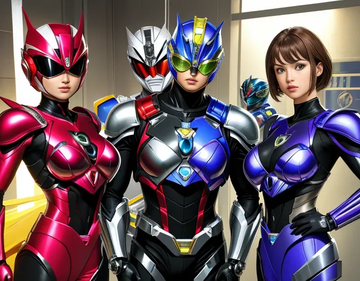 Power rangers, erste Generation, Kamen rider, metalic chrome armor, topless, undress, low claveage breast eksposed