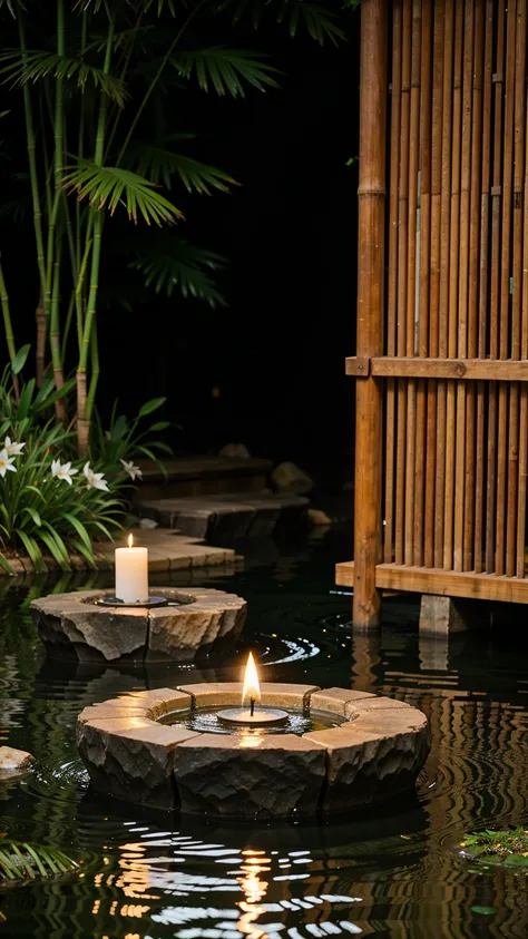 Water flows on bamboo, there are candles on decorative stones, high quality photos, There are lilies on the water, 