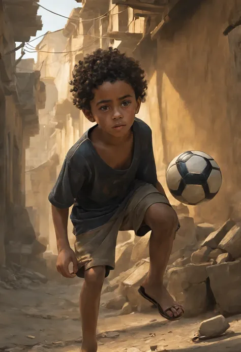 A poor egyptian boy in a favela in cairo drawn by Todd McFarlane and Greg Capullo, he is wearing old and torn clothes, he is playing with a soccer ball, favela in Rio de Janeiro in the background, robert downey jr reference, unreal engine, octane render, b...