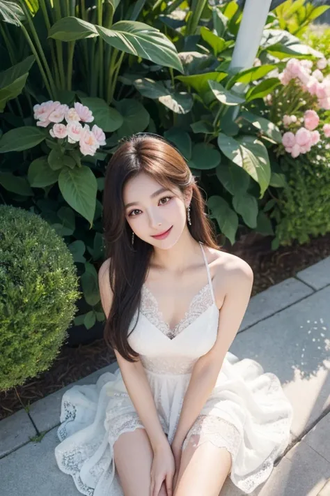 Ulsan-6500-V1.1、Extremely detailed、High definition、Raw color photo、wide shot、1 young woman、Kpop Girl、high detail skin、soft light from above、vivid colors、shiny white skin、wonderful face and eyes、Light makeup、Smile、thin lace long dress、long legs、flower garde...